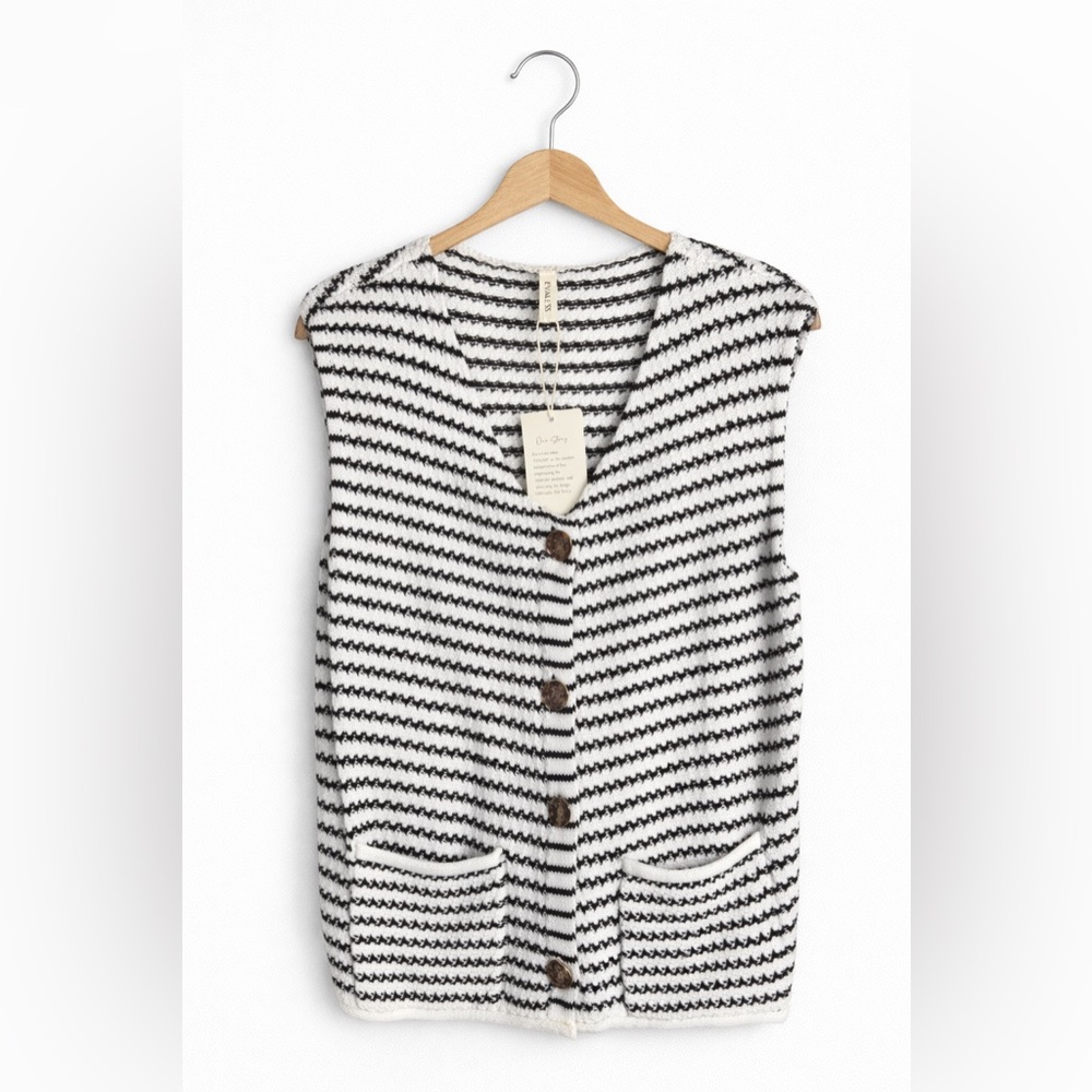 Evaless Black White Striped Sweater Vest Womens Medium Button Front Coastal Chic